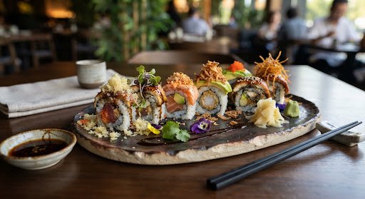 Makis gourmet con contrastes y toppings crujientes