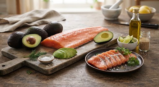 Ingredientes frescos salmón y aguacate