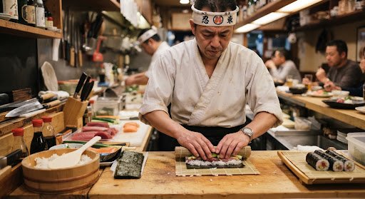 Chef preparando maki con esterilla de bambú