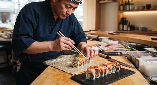 Detalle preparación de sushi de autor