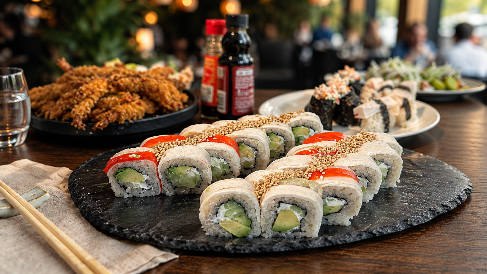 Plato gourmet de makis YUGEN en pizarra negra